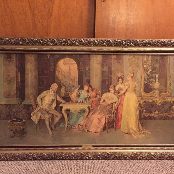 FRANCESCO BEDA "The Chess Game" Vtg Framed Litho on Textured Board 52" x 29 - Picture 1 of 2